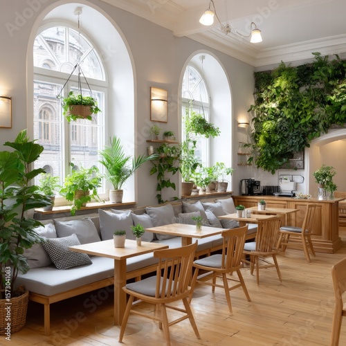 Contemporary restaurant interior featuring a modern cafe design with a lush living wall biophilic elements and style