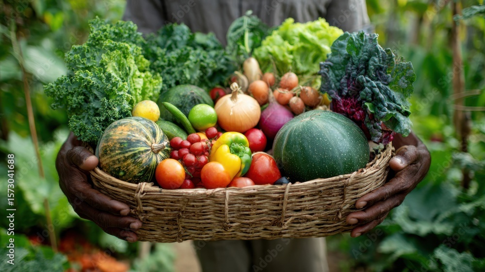 Fototapeta premium Hands holding a basket full of freshly harvested organic vegetables in a lush garden setting with rich natural light perfect for healthy lifestyle visuals and sustainable agriculture promotions