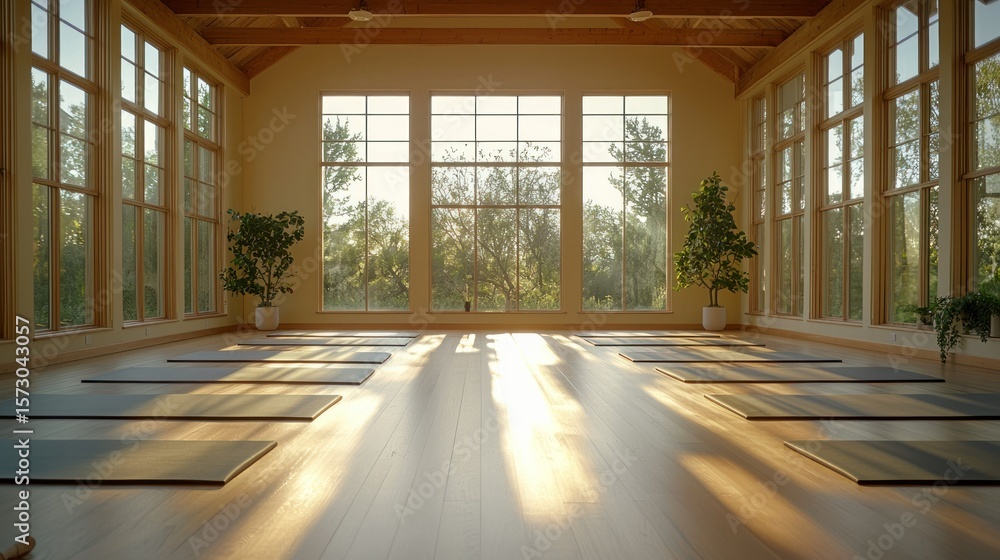 Sunlit yoga studio with expansive views Sunlit yoga studio with expansive views