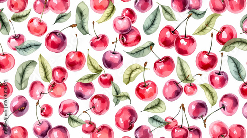 Watercolor red cherries on white background seamless vector pattern