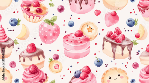 Watercolor Sweet desserts pattern on white background