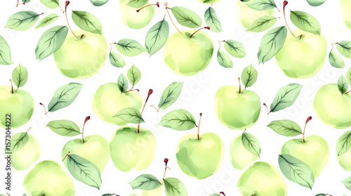 Watercolor pattern green apple white background	