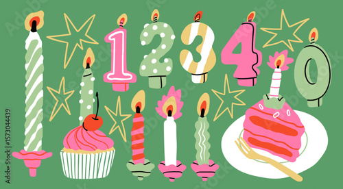 Burning number shaped Candles, spiral candles, cake, cupcake, stars. Hand drawn modern Vector illustration. Isolated design elements. Birthday celebration, party, anniversary concept