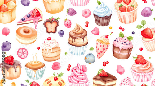Watercolor Sweet desserts pattern on white background