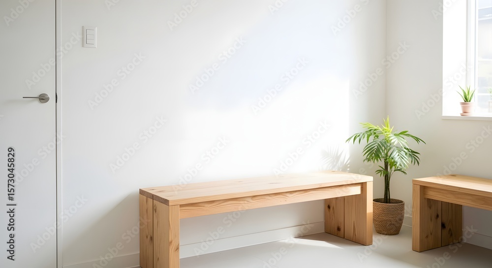 Fototapeta premium Wooden bench and single potted plant in empty waiting area with soft light and clean architecture