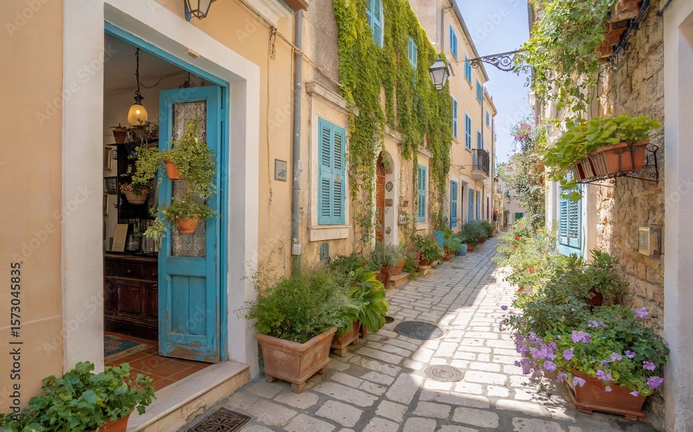 Fototapeta premium Charming Mediterranean Alleyway With Colorful Doors and Vibrant Flowers