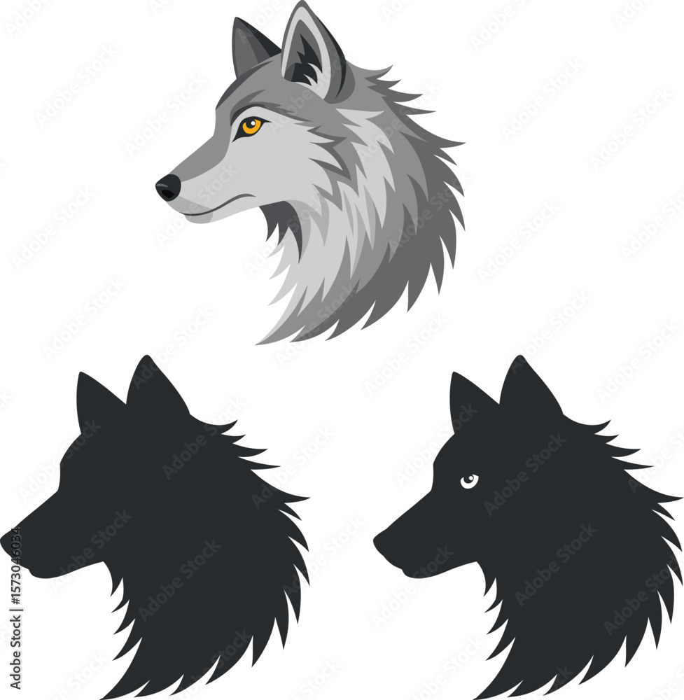 Fototapeta premium Gray wolf head profile with black silhouettes illustration