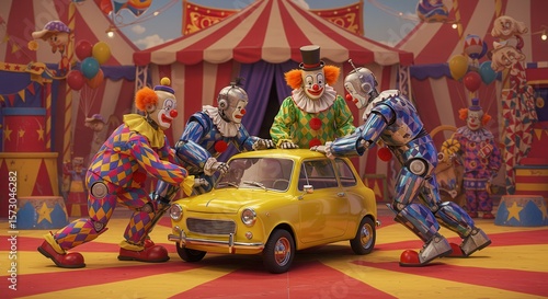 Group of Clowns Push Yellow Car at Carnival Tent