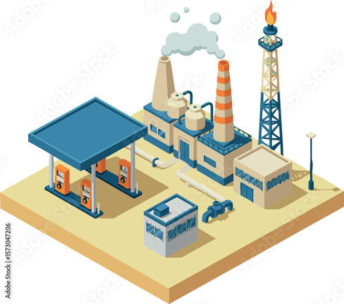 Industrial refinery with gas station and burning flare tower vector isometric design on beige base