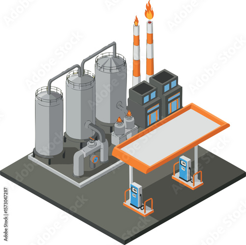 Industrial gas refinery with fuel pumps and chimneys emitting flames in isometric style vector illustration