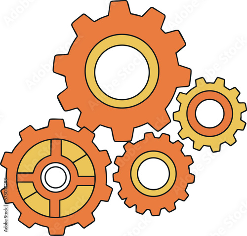 Orange and yellow gear wheels vector illustration showing mechanical engineering and technology concept design