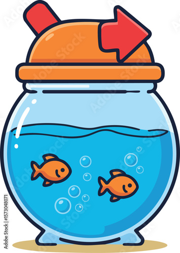 Goldfish in round fishbowl with water and red lid showing right arrow symbol vector illustration