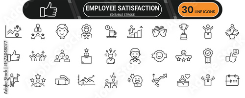Line icon set for employee satisfaction and engagement, covering morale, feedback, productivity, motivation, and workplace culture