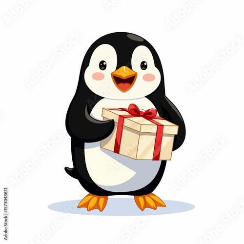Happy penguin holding a gift box with a red ribbon  