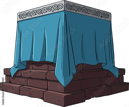 Stone altar with blue cloth covering and decorative border isolated on white vector illustration