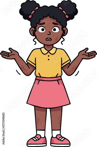 Confused young girl with afro puffs shrugging shoulders wearing yellow shirt and pink skirt vector illustration