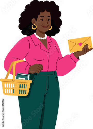 Woman holding envelope and shopping basket with books wearing pink blouse and dark green pants vector illustration