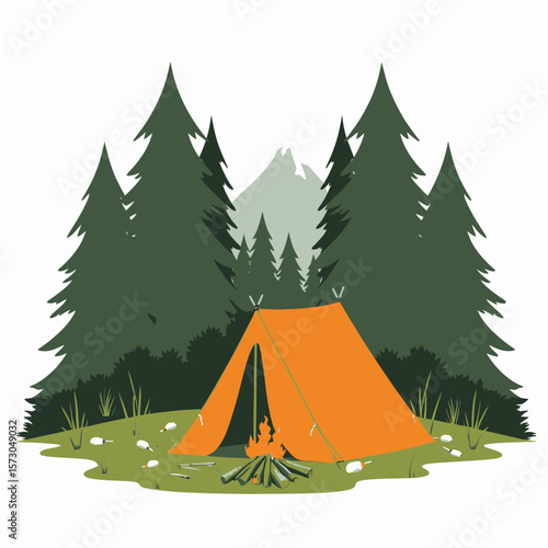 Camping tent with campfire surrounded by tall pine trees  