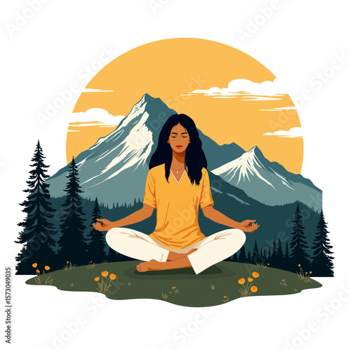 Young woman meditating outdoors in front of mountains during sunset  