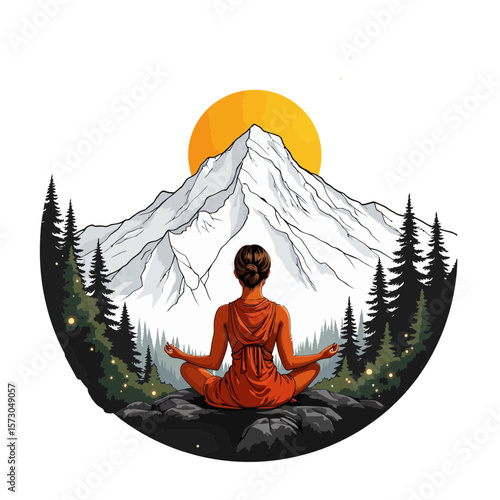 Woman meditating in nature with mountains and sun in background  