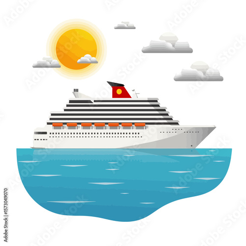 Cruise ship sailing on calm ocean under sunny weather  