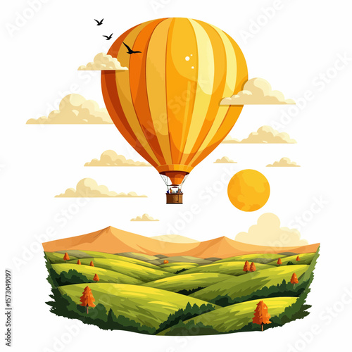 Colorful hot air balloon soaring over rolling green hills and sunset  