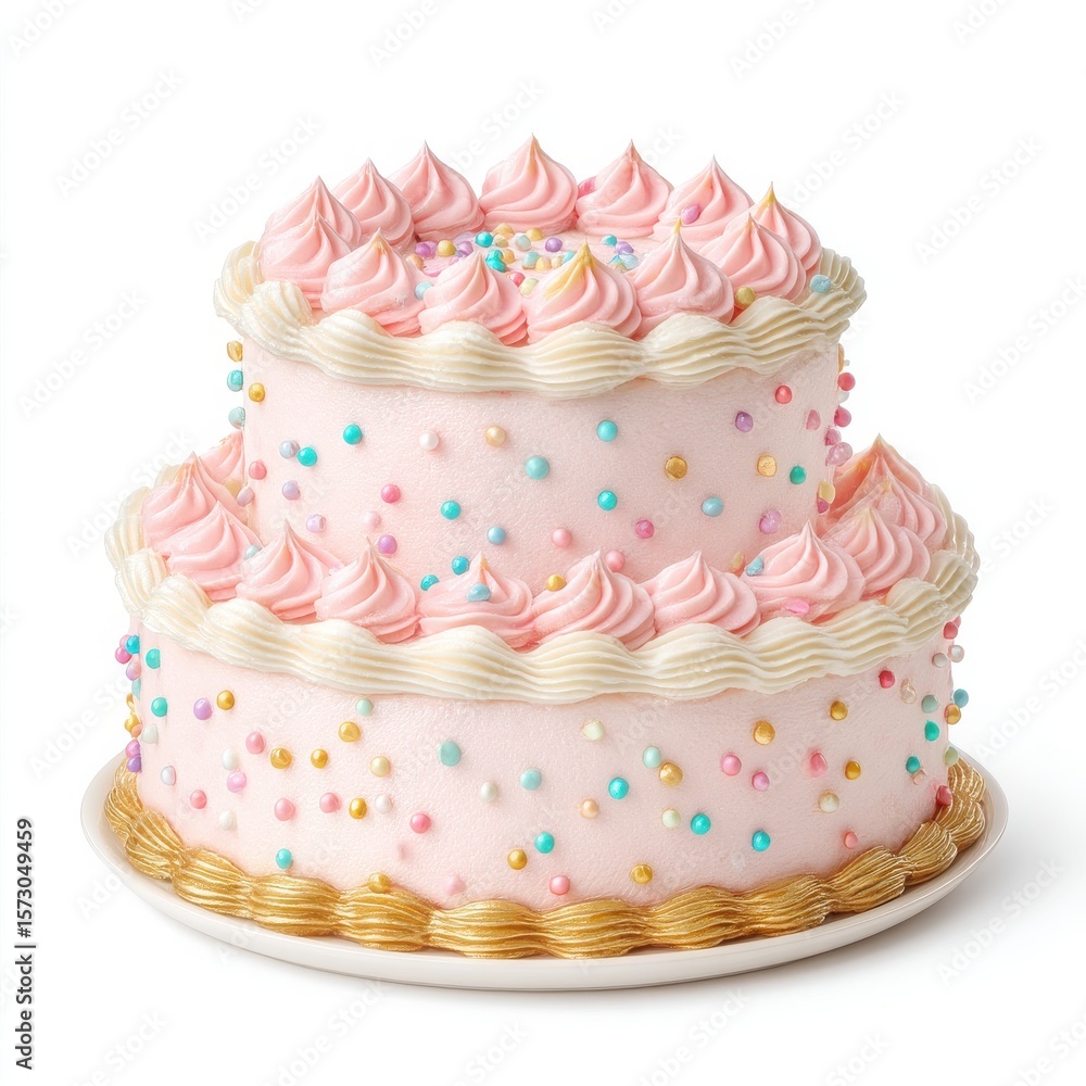 Two-Tier Pink Birthday Cake with Colorful Sprinkles and Cream Cheese Frosting on a White Background, Celebration Dessert, Festive Treat, Party Cake Two-Tier Pink Birthday Cake with Colorful Sprinkles and Cream Cheese Frosting on a White Background, Celebration Dessert, Festive Treat, Party Cake