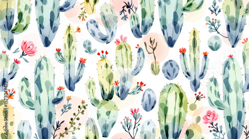 Seamless pattern watercolor cacti