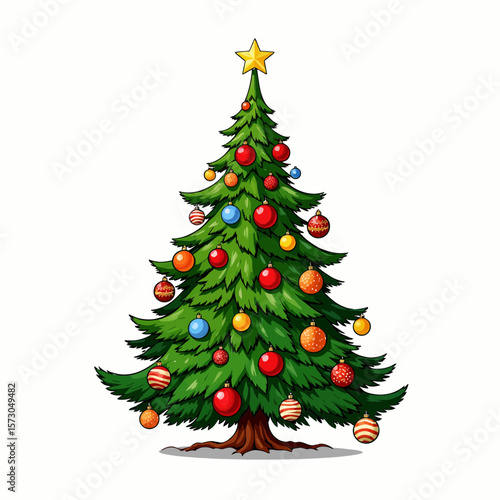 Brightly decorated Christmas tree with ornaments and star on top  