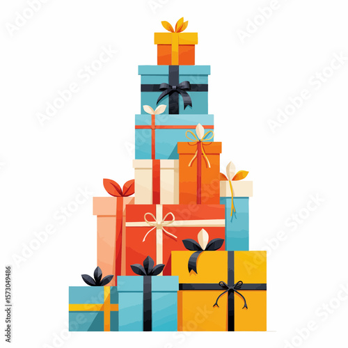 Colorful stacked gift boxes with ribbons on white background  