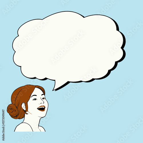 Young woman smiling with speech bubble on blue background  