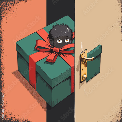Mysterious gift box with eyes peeking out from behind a door  