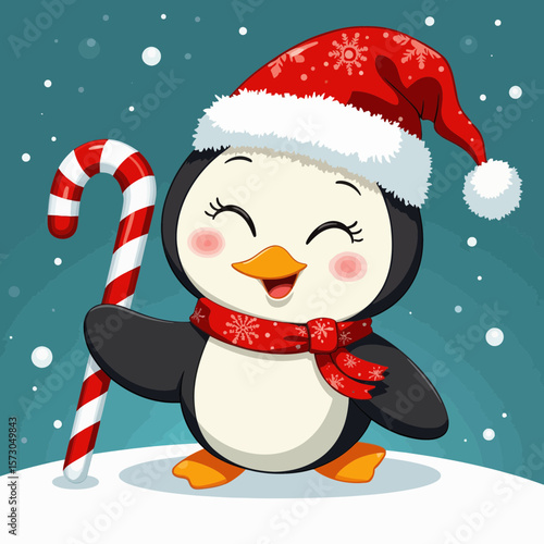 Cute penguin wearing Christmas hat and scarf holding candy cane  
