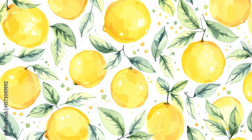 Lemon seamless border fruit illustration, cute citrus watercolor digital file on a white background close up	