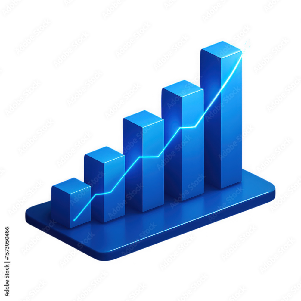 Fototapeta premium Blue 3d bar graph with a glowing neon line charting upward growth and success isolated on transparent background