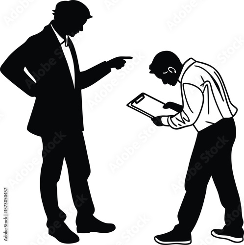 Boss Scolding Employee Holding Clipboard – Workplace Conflict Silhouette Illustration