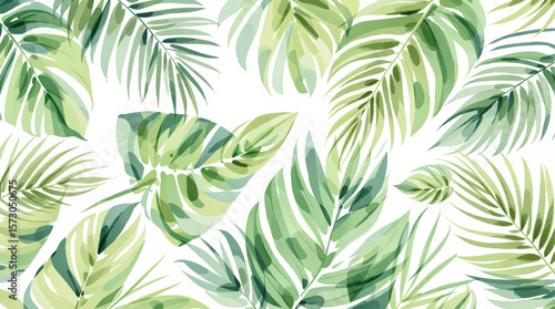 Watercolor background pattern palm leaves on white background	
