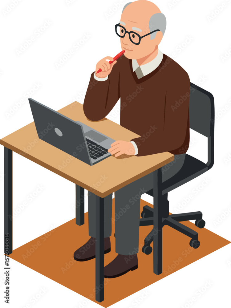 Elderly man working on laptop computer sitting at office desk thinking deeply vector illustration Elderly man working on laptop computer sitting at office desk thinking deeply vector illustration