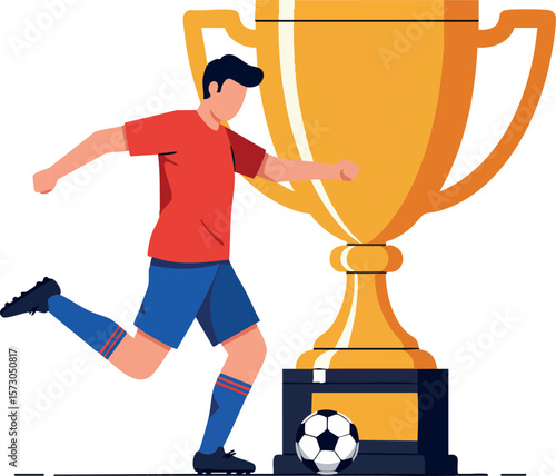 Soccer player kicking ball near large golden trophy cup celebrating victory and success in sports competition vector