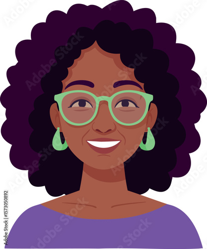 African American woman with curly hair wearing green glasses and earrings smiling in purple top vector avatar illustration