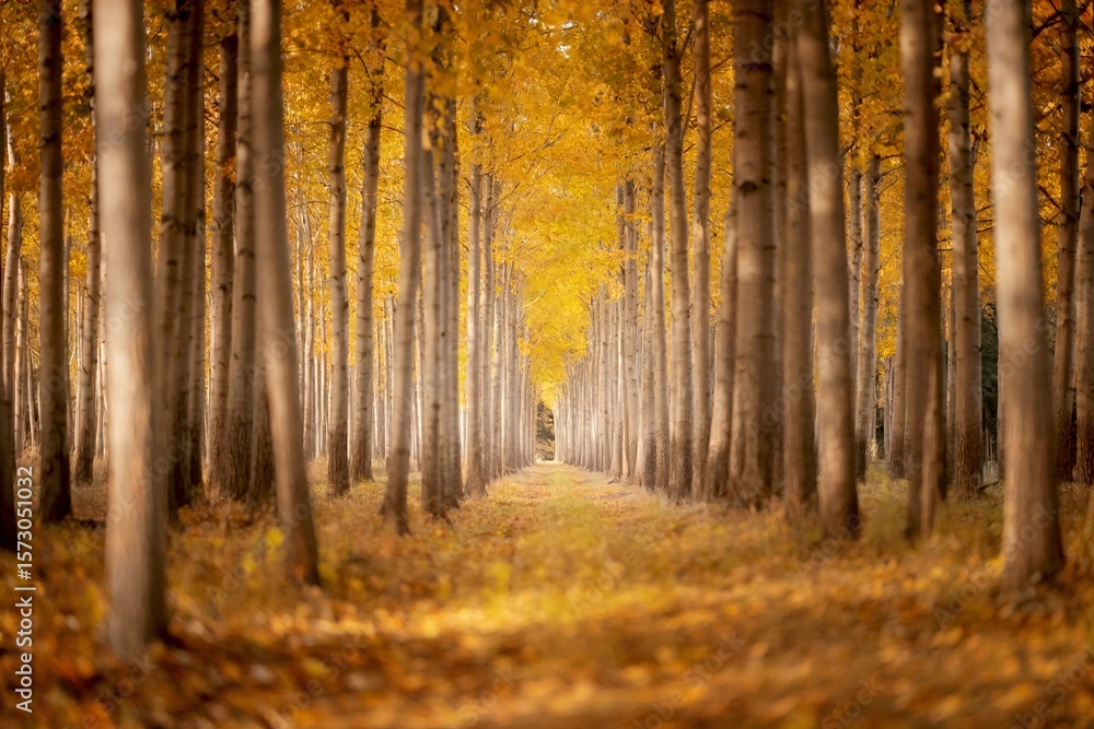 Fototapeta premium Golden Autumn Forest Pathway Surrounded by Tall Symmetrical Trees