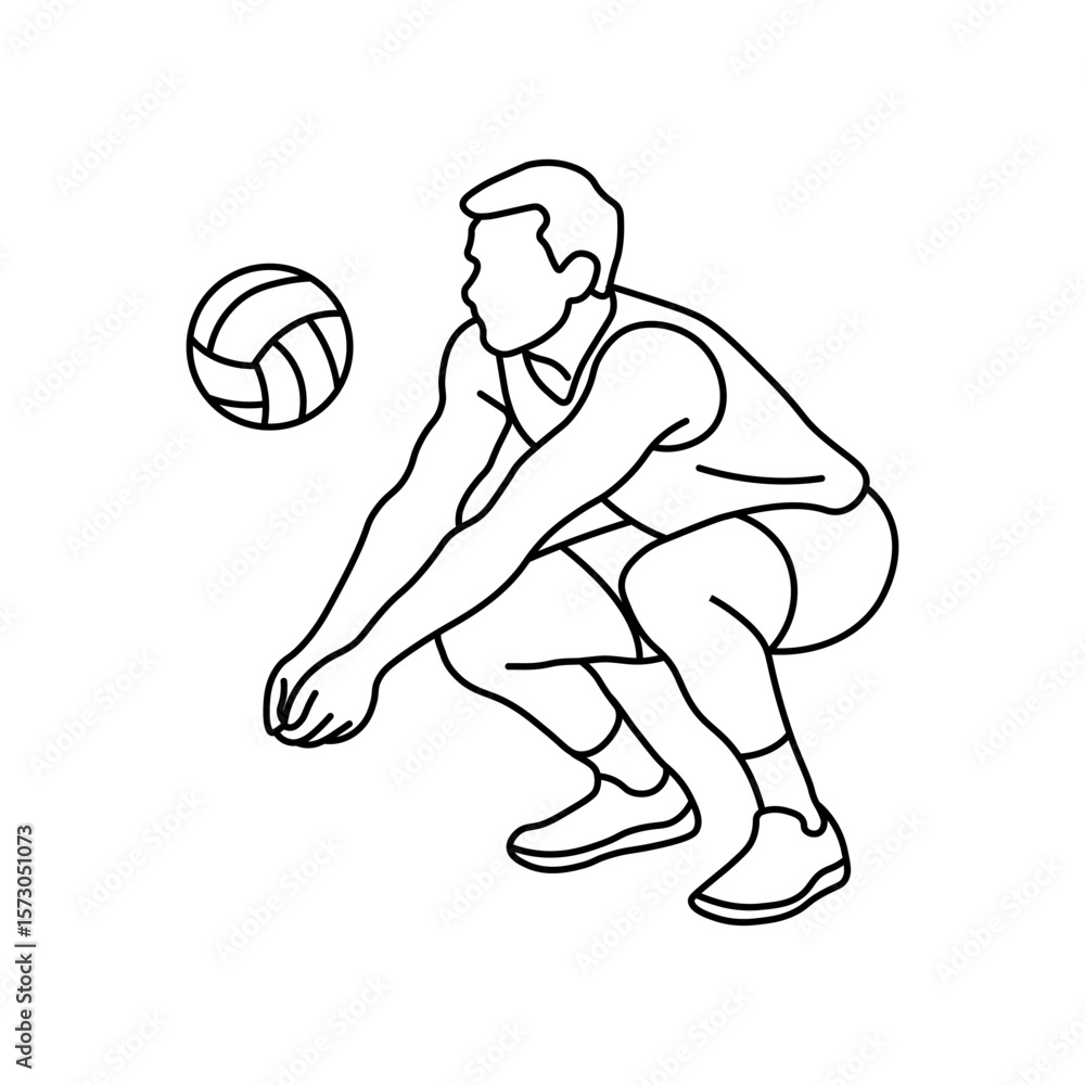 Fototapeta premium Black and white outline image of a volleyball player in a low position to receive the ball. Line illustration demonstrates the athlete's concentration, technique and readiness for the game