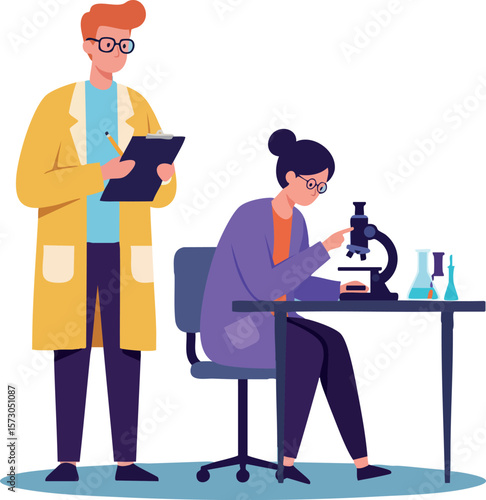Scientists working in laboratory research with microscope and notes vector illustration in modern style