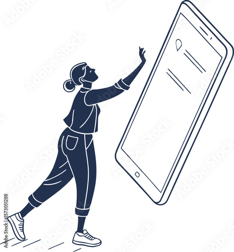 Woman Reaching Out to Giant Smartphone – Concept of Digital Dependence and Modern Technology Silhouette Illustration