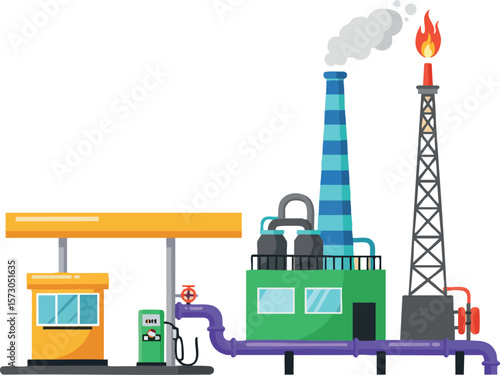 Industrial factory with gas flare and fuel station vector illustration showing energy production and fuel supply infrastructure