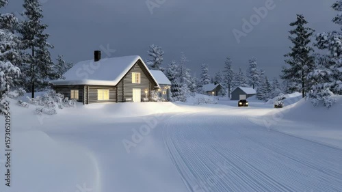 Wallpaper Mural Snow blankets a peaceful landscape as cozy cabins glow softly under the twilight sky, creating a serene winter atmosphere Torontodigital.ca