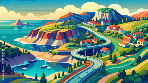 Very beautiful Vibrant aerial shot of coastline and snaking road