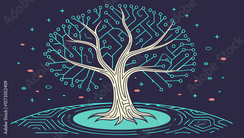 Illustration of a circuit board tree with branches and roots on a circuit board platform in space