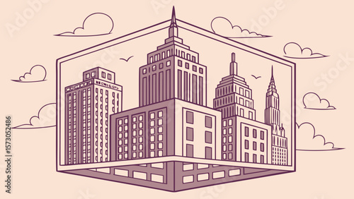 Illustration of a cityscape with tall buildings and clouds framed within a cuboid shape in line art