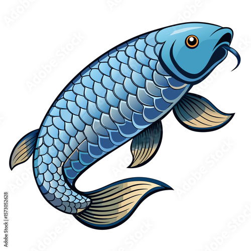 A stylized illustration of a blue koi fish with detailed scales flowing fins and a single barb set against a clean white background showcasing aquatic